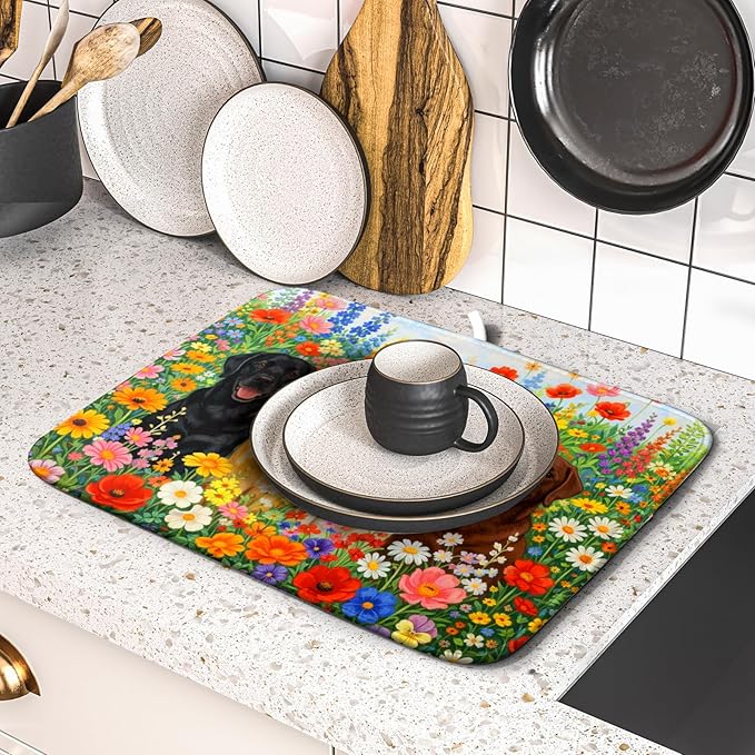Flower Dog Dish Drying Mat Spring Floral Microfiber Absorbent Dish Drying Pad for Kitchen Counter - Image 5
