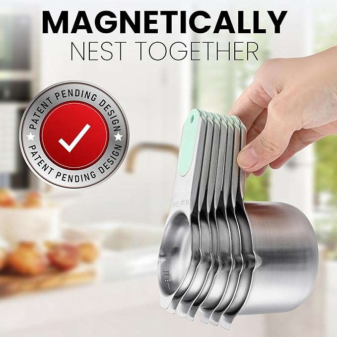 Spring Chef Magnetic Stainless Steel Measuring Cups, Patented, Kitchen Tools with Easy to Read Markings for Measuring Dry or Liquid Ingredients, Set of 7, Mint - Image 4