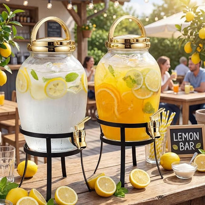 Havawish 2 Pack Drink Beverage Dispenser with Stand for Parties 1.16 Gallon Plastic Water Lemonade Juice Dispenser with Spigot and Lid for Countertop Weddings (Gold)