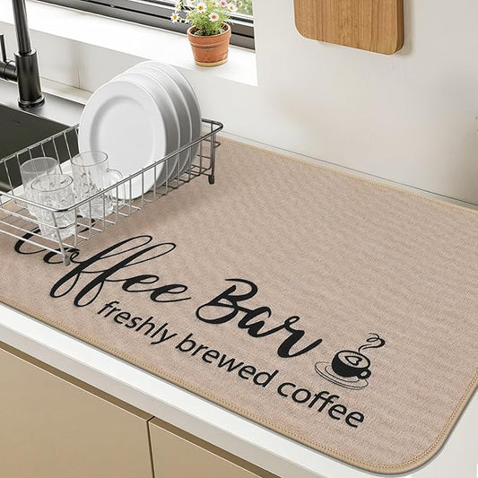 Findosom Dish Drying Mat, 16"x 24" Super Absorbent & Hide Stain Coffee Mat, Cuttable Drying Mat for Kitchen Counter, Coffee Bar Accessories, Under Dish Rack, Coffee Maker, Espresso Machine, Linen by Findosom