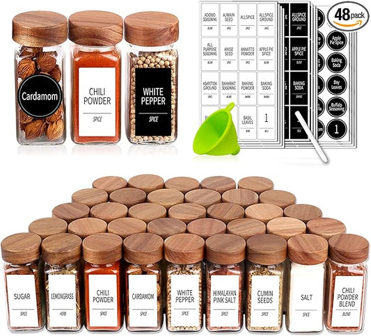 Churboro 48 Spice Jars with 547 Labels and Shaker Lids - Glass - 4 Oz Square Containers with Acacia Wood Lids, Chalk Pen, Funnel Seasoning Jars for Spice Rack, Cabinet, or Drawer by Churboro