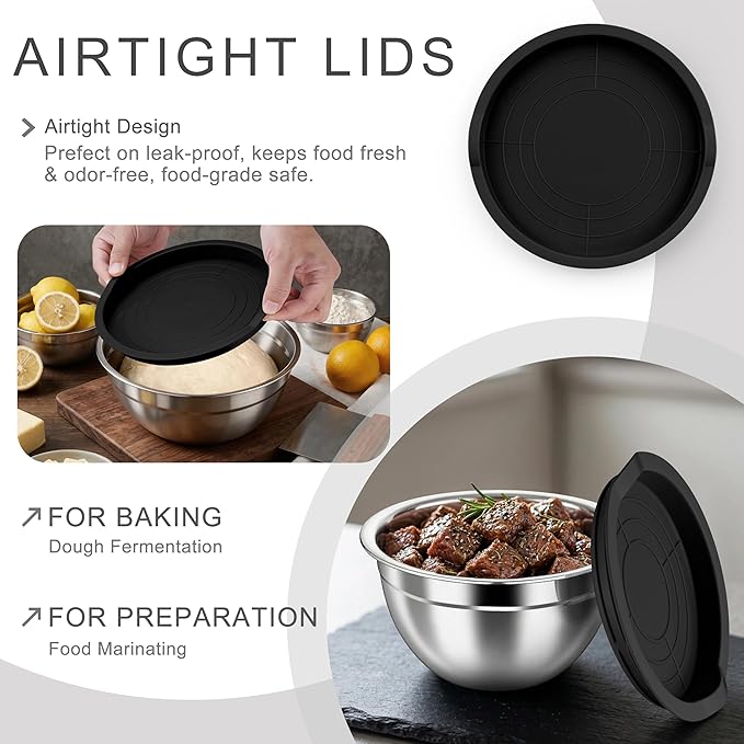HaWare Mixing Bowls with Airtight Lids, 6-Piece Stainless Steel Salad Bowls, Strong Nesting Bowls for Cooking, Prepping, Baking, Serving & Food Storage, Stackable Design, Size 4.6, 3, 1.5QT, Black - Image 3