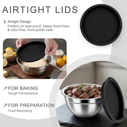 HaWare Mixing Bowls with Airtight Lids, 6-Piece Stainless Steel Salad Bowls, Strong Nesting Bowls for Cooking, Prepping, Baking, Serving & Food Storage, Stackable Design, Size 4.6, 3, 1.5QT, Black - Image 3