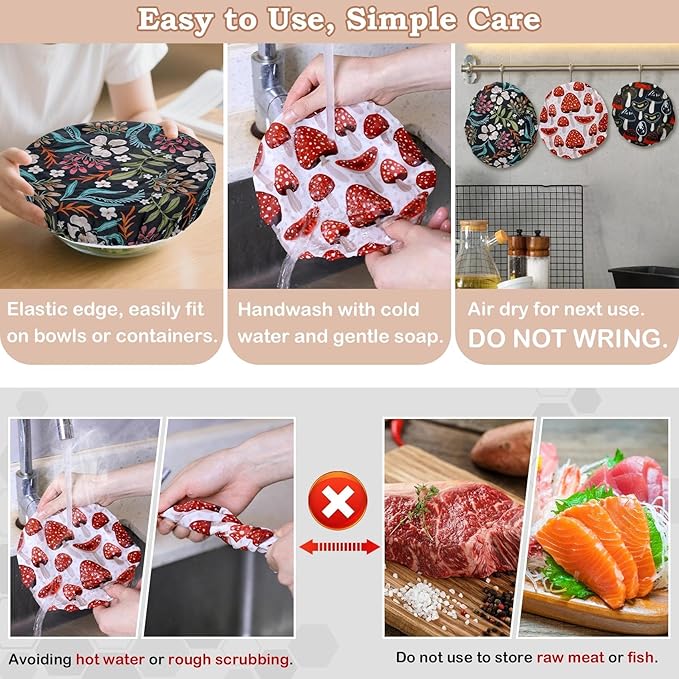 5-Size Reusable Beeswax Bowl Covers for Bread Proofing, Cotton Cloth Flexible Beeswax Wraps for Food Storage(Mushroom) - Image 6