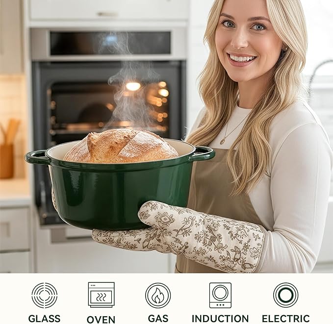 4.5 Quart Dutch Oven Pot with Lid, Non Stick Enameled Cast Iron Dutch Oven for Bread Baking, Heavy-Duty, Oven Safe Ceramic Cookware Up to 500°F for Baking, Braising, Stews, Roasting, Green - Image 6