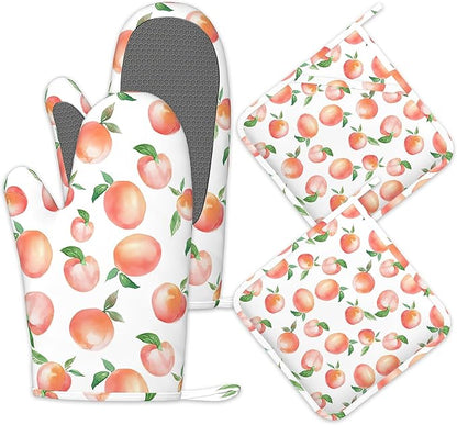 Watercolor Peaches Oven Mitts and Pot Holders Sets,Silicone Kitchen Mitts Potholders Heat Resistant 4Pcs Oven Gloves Hot Pads for Kitchen Baking Cooking