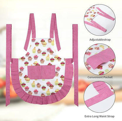 G2PLUS Aprons for Women with Pockets, 29 x 21 Inch Extra Long Ties Cupcake Apron, Pink Vintage Damask Apron for Kitchen Cooking, Baking and Gardening