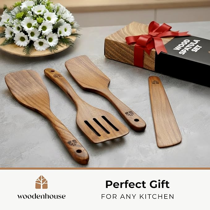 Wooden Spatula for Cooking - Natural Teak Wood Spatula for Non Stick Frying Pan - Wooden Cooking Utensils Set of 4 Including Paddle, Turner, Slotted Spurtle and Wood Scraper - Long Ergonomic Handles - Image 8
