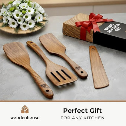 Wooden Spatula for Cooking - Natural Teak Wood Spatula for Non Stick Frying Pan - Wooden Cooking Utensils Set of 4 Including Paddle, Turner, Slotted Spurtle and Wood Scraper - Long Ergonomic Handles - Image 8