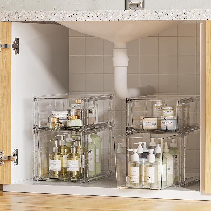 Vtopmart 8 Pack Clear Stackable Storage Drawers,Easy to Assemble Bathroom Organizers and Storage with handles,Plastic Drawers for Kitchen Pantry,Cabinet,Under Sink Organization - Image 2