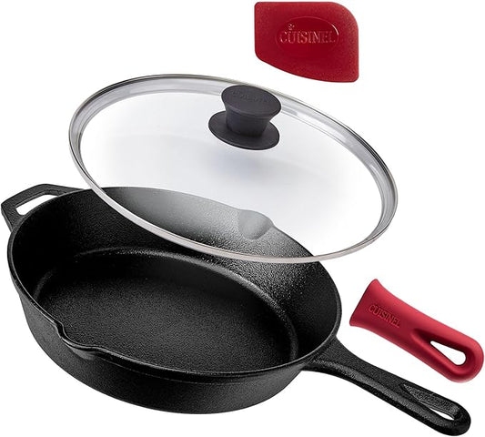 Cuisinel Cast Iron Skillet with Lid - 10"-Inch Pre-Seasoned Frying Pan + Glass Cover + Heat-Resistant Handle Holder - Indoor/Outdoor Use - Grill, Stove, Camp Firepit, Induction - Oven Safe Cookware