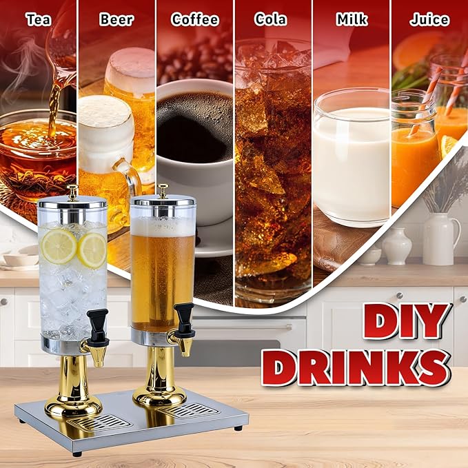 2-Gallon Drink Dispenser with Stainless Steel Drip Tray - Party Beverage Juice Lemonade Iced Tea Water Dispenser for Church Events, Catering, Family Gatherings & Outdoor (GOLD)