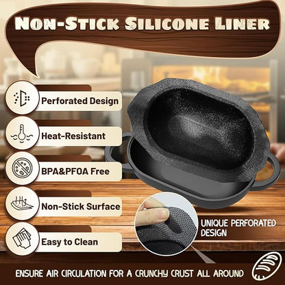 Enameled Cast Iron Oval Bread Oven with Non-Stick Silicone Liner, 2QT, Black, Mini Oval Homemade Sourdough Dutch Oven with Lid, Artisan Bread Loaf Pan for Homemade Bread Five-Years Free Replacement