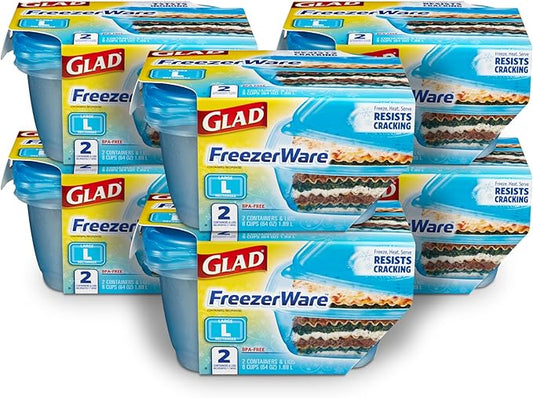 Glad GladWare FreezerWare Food Storage Containers with Lids, Large Rectangle No BPA Plastic for Freezing Soups Meals and Batch Cooking, Crack Resistant, Microwave Dishwasher Safe, 64 Oz, 2 Ct - 6 Pk