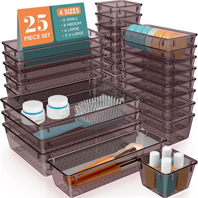 WOWBOX 25 PCS Plastic Drawer Organizer Set, 4 Sizes Desk Drawer Divider Organizers and Storage Bins for Makeup, Jewelry, Gadgets for Kitchen, Bedroom, Bathroom, Office, Clear Brown by WOWBOX