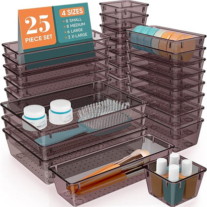 WOWBOX 25 PCS Plastic Drawer Organizer Set, 4 Sizes Desk Drawer Divider Organizers and Storage Bins for Makeup, Jewelry, Gadgets for Kitchen, Bedroom, Bathroom, Office, Clear Brown by WOWBOX