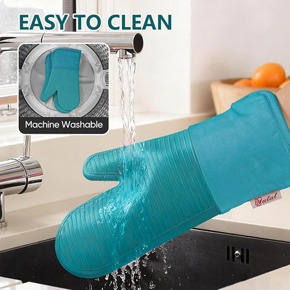 YUTAT Silicone Oven Mitts,High Heat Resistant Up to 500 Degrees,Waterproof Cooking Gloves with Soft Polyester Filling,Kitchen Potholder Set - Perfect for BBQ, Baking and Cooking,Green,2 Pcs Set - Image 6