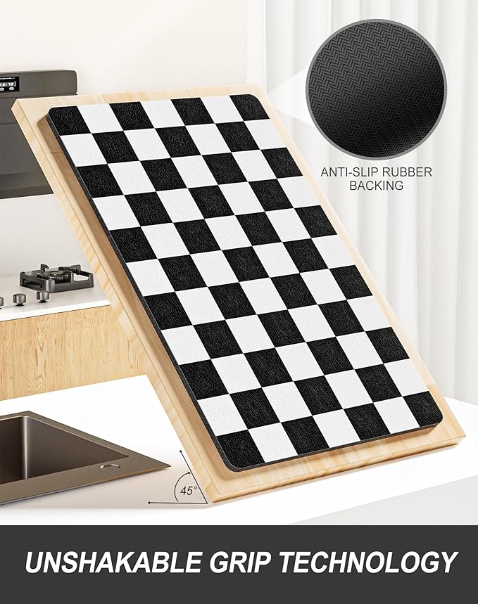 Rnivvi Dish Drying Mat for Kitchen Counter, XL 15 x 24" Cute Checkered Absorbent Draining Pad, Non-Slip Heat Resistant Coffee Bar Mat for Coffee Machine Station Accessories, Black White Dish Rack Pad - Image 5