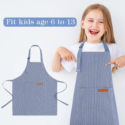 2 Pack Stripes Kids Apron, Kids Cooking Aprons with 2 Pockets, Cute Aprons for Cooking for Boys and Girls