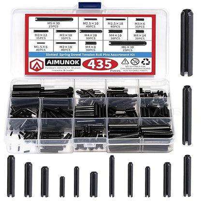 435-Piece Roll Pin Assortment Kit - Slotted Tension Pins, Split Dowels & Expansion Spring Pins - Includes M1.5 to M6 Sizes (13 Types) - Durable Spring Steel for Secure Fastening by AIMUNOK