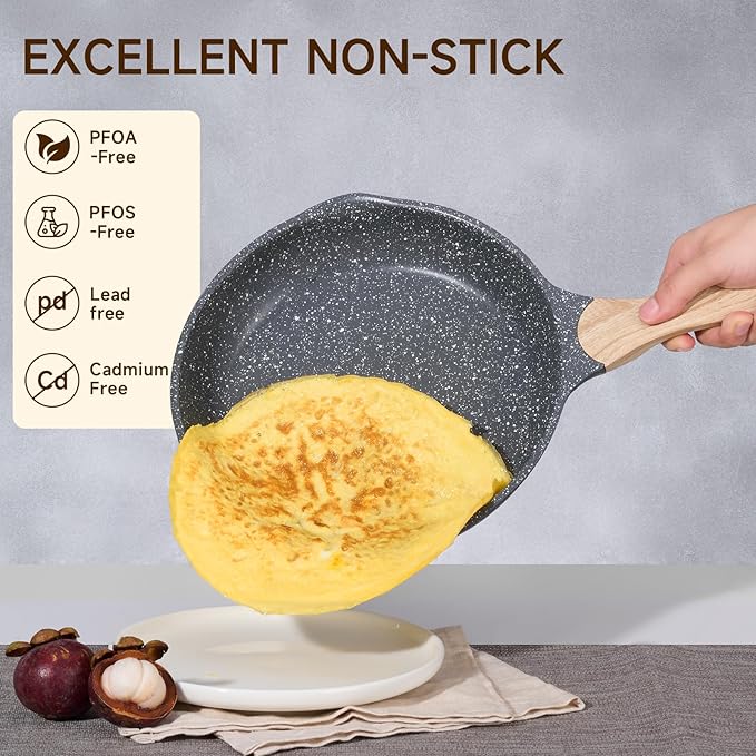 JEETEE Nonstick Frying Pans Set, Skillets Set 2 Pcs, 8" 10" Granite Non-Stick Frying pan, Nonstick Omelette Skillet with Soft Touch Handle, Grey - Image 4