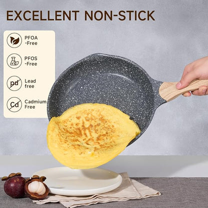 JEETEE Nonstick Frying Pans Set, Skillets Set 2 Pcs, 8" 10" Granite Non-Stick Frying pan, Nonstick Omelette Skillet with Soft Touch Handle, Grey - Image 4