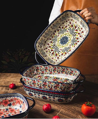 Vintage Style Pottery Bakeware Ceramic Casserole Dish Baking Pan Lasagna Pans Baking Dish with Handles for Oven/Cooking/Kitchen-1 PCS, Large Capacity, 60 OZ - Image 5