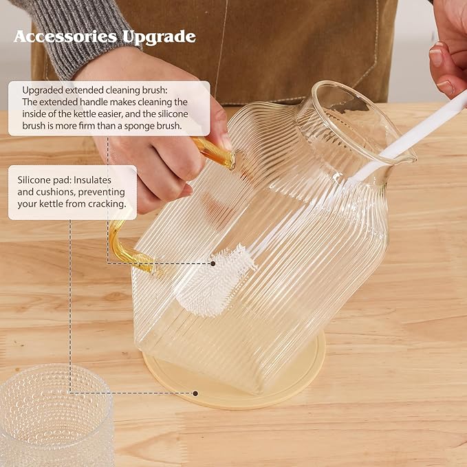 2 Pack 68oz/2 Liter Square Glass Pitcher with Handle and Lid, Classic Stripes Glass Water Pitcher with Handle for Fridge, Iced Tea, Coffee, Borosilicate Glass Carafe for Hot/Cold Brew Drink