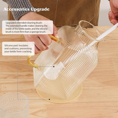 2 Pack 68oz/2 Liter Square Glass Pitcher with Handle and Lid, Classic Stripes Glass Water Pitcher with Handle for Fridge, Iced Tea, Coffee, Borosilicate Glass Carafe for Hot/Cold Brew Drink