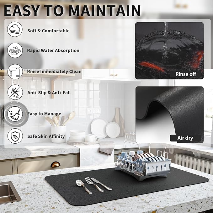 HotLive Dish Drying Mat for Kitchen Counter, Heat Resistant Drainer Mats with Non-slip Rubber Backed, Hide Stain Kitchen Super Absorbent Draining Mat, Easy to Clean Dish Rack Pad, Black 18"x28" - Image 4