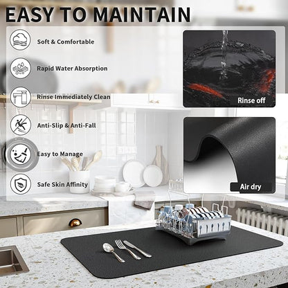 HotLive Dish Drying Mat for Kitchen Counter, Heat Resistant Drainer Mats with Non-slip Rubber Backed, Hide Stain Kitchen Super Absorbent Draining Mat, Easy to Clean Dish Rack Pad, Black 16"x18" - Image 4
