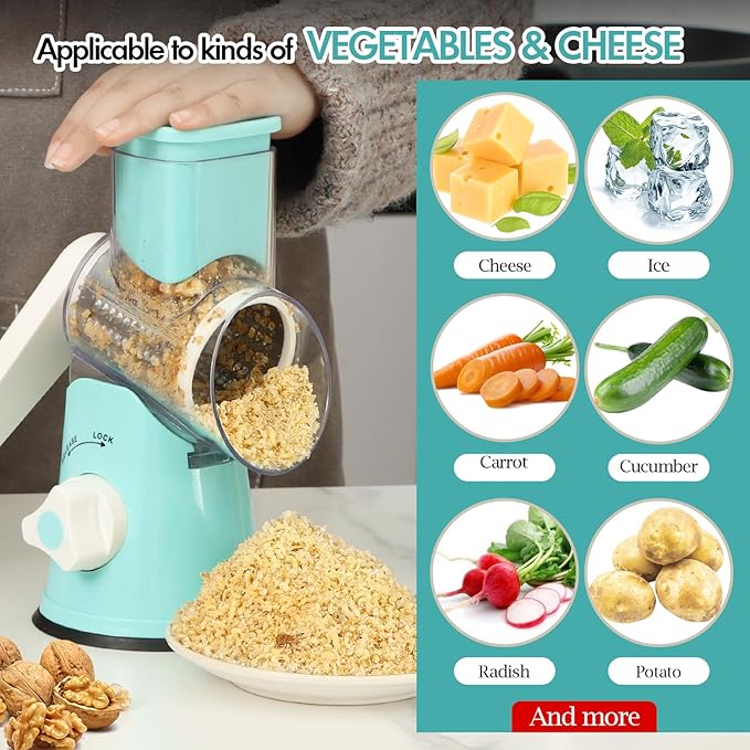 Ourokhome Rotary Cheese Grater Hand Crank, Kitchen Shredder Speed Mandolin Slicer Ice Shaver with Handle and Drum Blades for Cheese, Vegetable, Nuts, Chocolate, Potato, Carrot, 5 Blades, Blue - Image 5