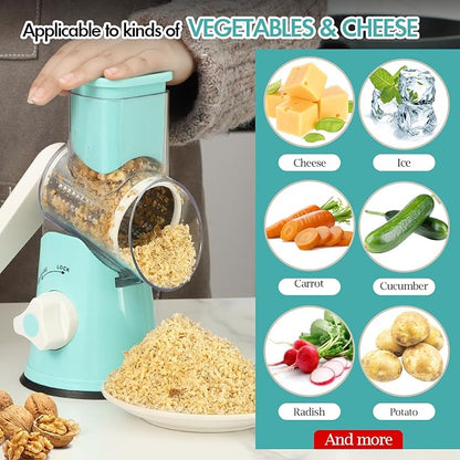 Ourokhome Rotary Cheese Grater Hand Crank, Kitchen Shredder Speed Mandolin Slicer Ice Shaver with Handle and Drum Blades for Cheese, Vegetable, Nuts, Chocolate, Potato, Carrot, 5 Blades, Blue - Image 5