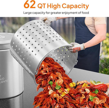 Bonnlo 62QT Stainless Steel Stock Pot for Boiling Seafood, Crawfish lobster & Crab, Frying Turkey & Steaming Tamales, Large Boil Pot with Steamer Basket, Lid, Lifting Hook for Outdoor Cooking Backyard