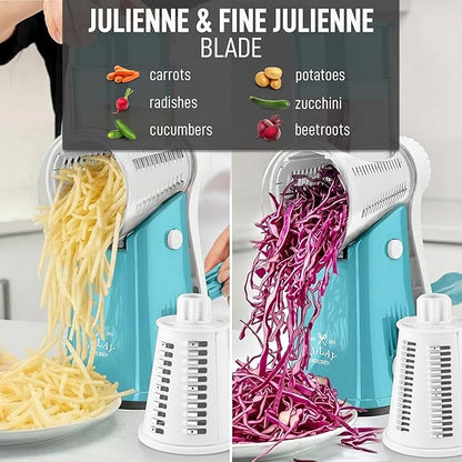 Zulay Kitchen Rotary Cheese Grater 5 Blade Cheese Shredder - Manual Hand Crank Cheese Grater With Reinforced Suction & 5 Interchangeable Drums - Easy to Use, Vegetable Chopper Round Mandoline Slicer - Image 6
