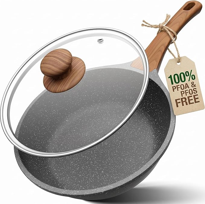 YASHE 10 Inch Nonstick Saute Pan with Glass Lid, 3.5 QT Deep Skillet & Frying Pan, Healthy Granite Stone Cookware for Family, One Pan Replaces Five, Induction Compatible, PFOA Free