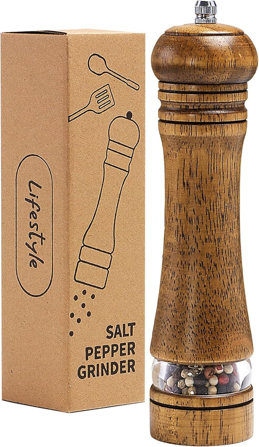 Wood Salt and Pepper Grinder, Salt Grinder and Pepper Mill, Oak Wood Shakers with Adjustable Ceramic Grinders - 8 inches, 1 Pack