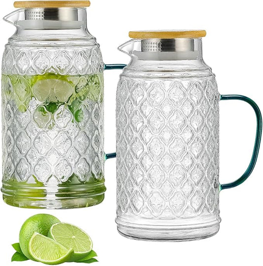 Buaic 2 PACK Glass Pitcher with Bamboo Lid, 68 oz/2L Vintage Water Pitcher, Clear Borosilicate Glass Water Carafe for Cold Brew, Coffee, Lemonade, Iced Sun Tea,Beverage, Heat Resistant Water Glass Jug by Buaic