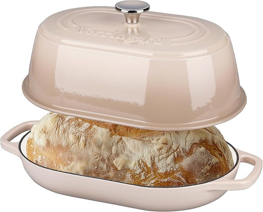 VORRINGARD Enameled Cast Iron Dutch Oven Pot with Dome Lid, Oval Bread Oven for Homemade Sourdough Bread Baking, Oven Safe up to 500°F, 6 Quart, Latte
