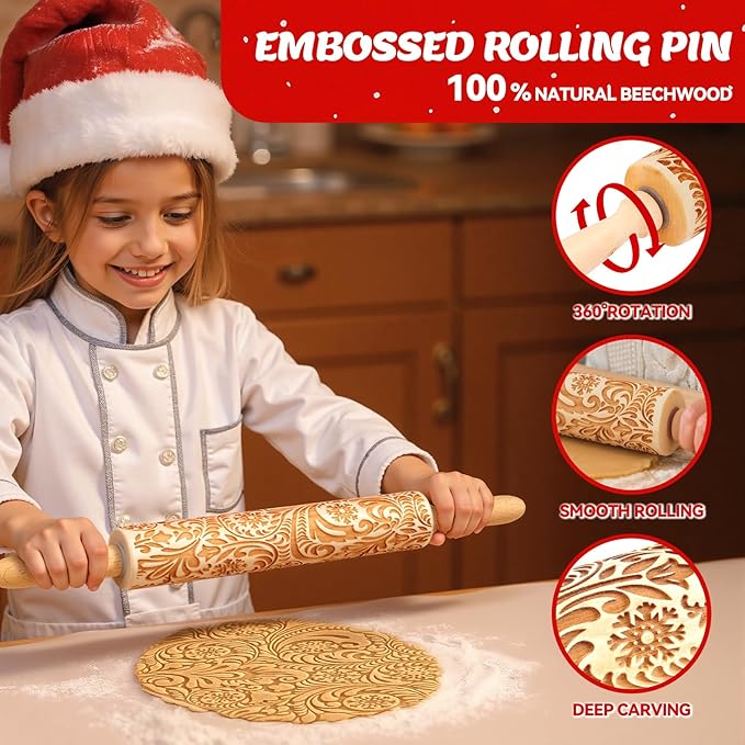 Christmas Gifts Wooden Embossed Rolling Pin for Baking, Stocking Stuffers Gifts for Women, Deep Engraved Embossing Rolling Pins with Snow Pattern Designs for Baking Cookies Stamps Roller DIY Tools - Image 6