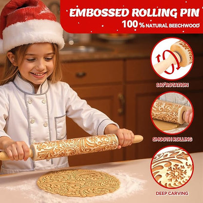 Christmas Gifts Wooden Embossed Rolling Pin for Baking, Stocking Stuffers Gifts for Women, Deep Engraved Embossing Rolling Pins with Snow Pattern Designs for Baking Cookies Stamps Roller DIY Tools - Image 6