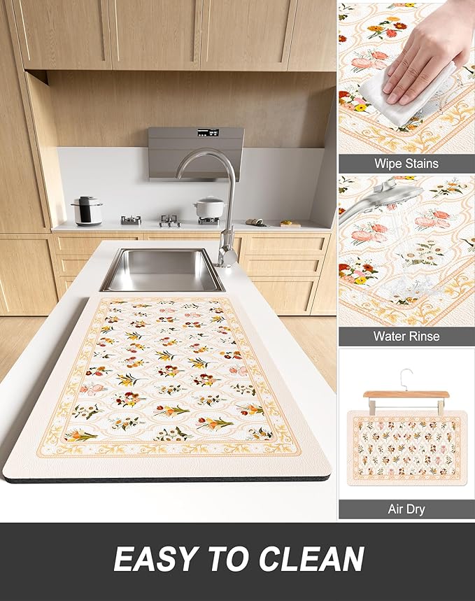Rnivvi Dish Drying Mat for Kitchen Counter, 12 x 19" Cute Flower Theme Super Absorbent Draining Pad, Non-Slip Heat Resistant Coffee Bar Mat for Coffee Machine Station Accessories, Beige Dish Rack Pad - Image 6