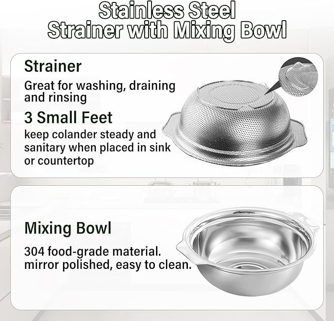 Stainless Steel Colander for Kitchen, 2.5QT Rice Washer Strainer with Mixing Bowl, Colander Bowl Set with Microporous for Washing Rice, Pasta, Spaghetti, Fruits, Dishwasher Safe(2PC) - Image 3