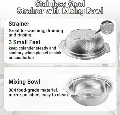 Stainless Steel Colander for Kitchen, 2.5QT Rice Washer Strainer with Mixing Bowl, Colander Bowl Set with Microporous for Washing Rice, Pasta, Spaghetti, Fruits, Dishwasher Safe(2PC) - Image 3
