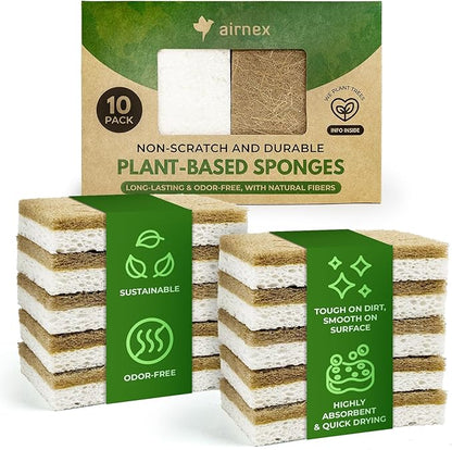 10 Pack Biodegradable Natural Kitchen Sponge - Compostable Cellulose and Coconut Walnut Scrubber Sponge - Eco Friendly Sponges for Dishes by Airnex
