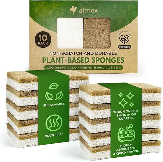 10 Pack Biodegradable Natural Kitchen Sponge - Compostable Cellulose and Coconut Walnut Scrubber Sponge - Eco Friendly Sponges for Dishes by Airnex