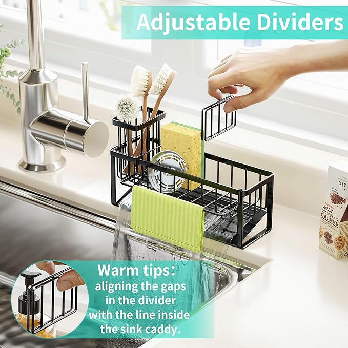 HapiRm Sponge Holder for Kitchen Sink - Self-draining Sink Caddy with Brush and Dishcloth Holders with Sloping Drainage - Black - Image 4