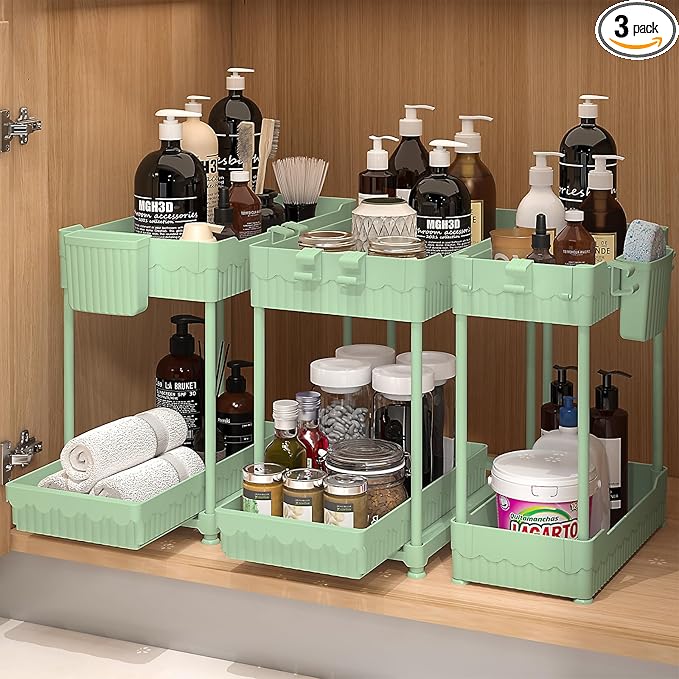 Sevenblue 3 Pack Under Sink Organizers, 2-Tier Multi-Use Kitchen and Bathroom Organizers and Storage with Sliding Drawers, Bathroom Cabinet Organizer (Green, 14.8 Inch) by Sevenblue
