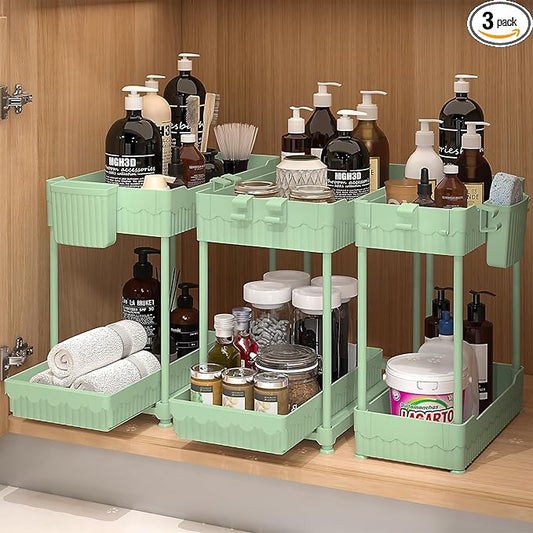 Sevenblue 3 Pack Under Sink Organizers, 2-Tier Multi-Use Kitchen and Bathroom Organizers and Storage with Sliding Drawers, Bathroom Cabinet Organizer (Green, 14.8 Inch) by Sevenblue