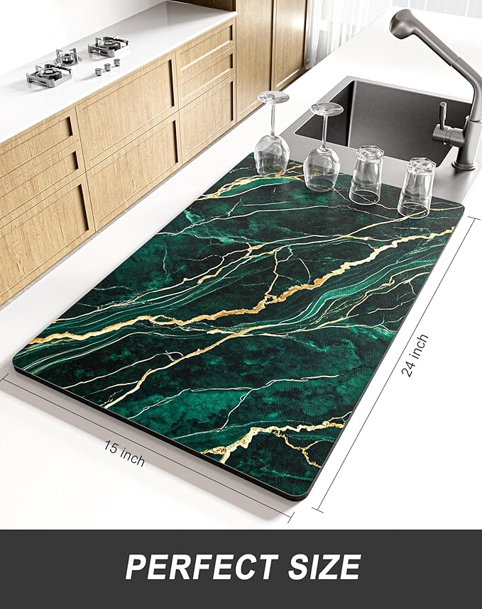 Rnivvi Dish Drying Mat for Kitchen Counter, XL 15 x 24" Cute Marble Absorbent Draining Pad, Non-Slip Heat Resistant Coffee Bar Mats for Coffee Machine Station Accessories, Green Gold Dish Rack Pad - Image 2